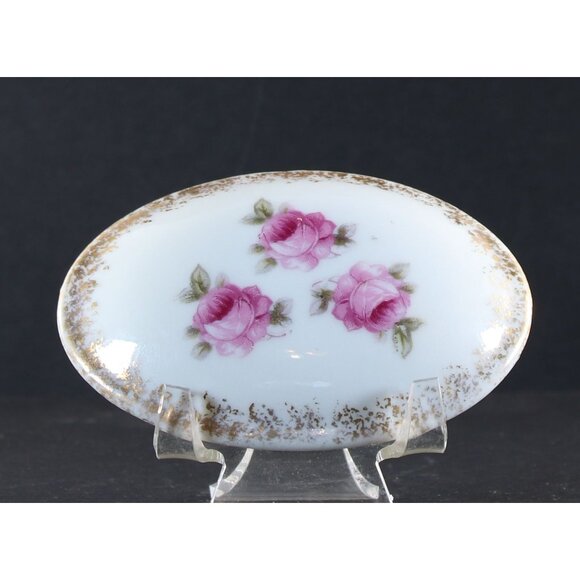 Porcelain Vanity Jar Trinket Box Pink Roses 1950s GC 2.25" Tall Vintage - Picture 11 of 14